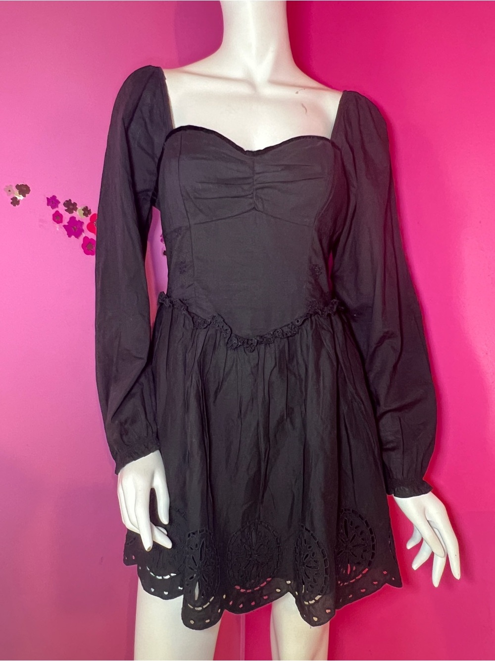 American Eagle Outfitters Black Eyelet Puff-Sleeve Mini Dress size Medium